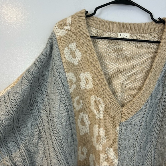 POL Leapard Print/Color Block Cable Knit Deep V-neck Oversized Sweater Size M - Picture 4 of 13
